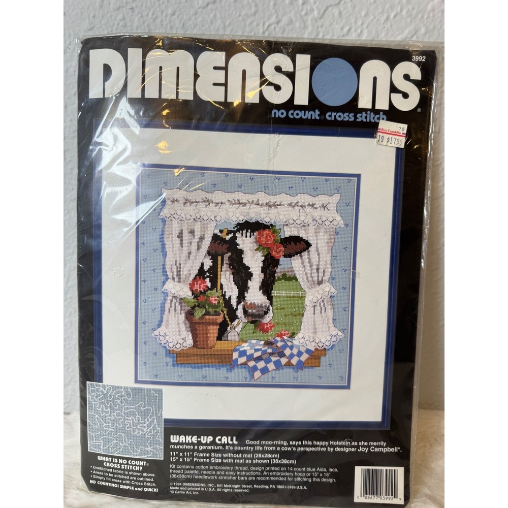 Dimensions 3992 Wake-Up Call No Count Cross Stitch Kit Vintage 1994 Cow Geranium